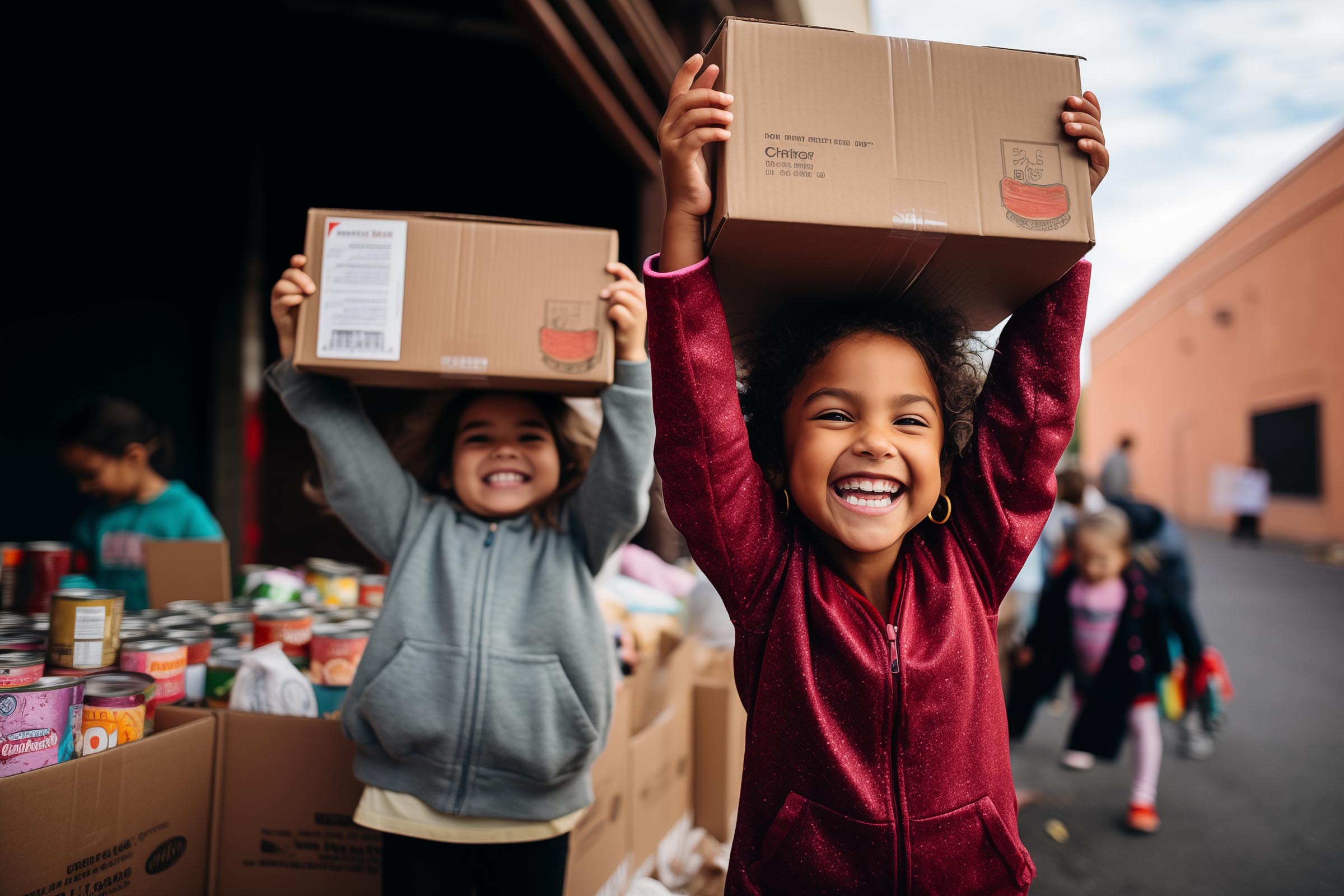 Children assisting in clothes donation event and community food drive