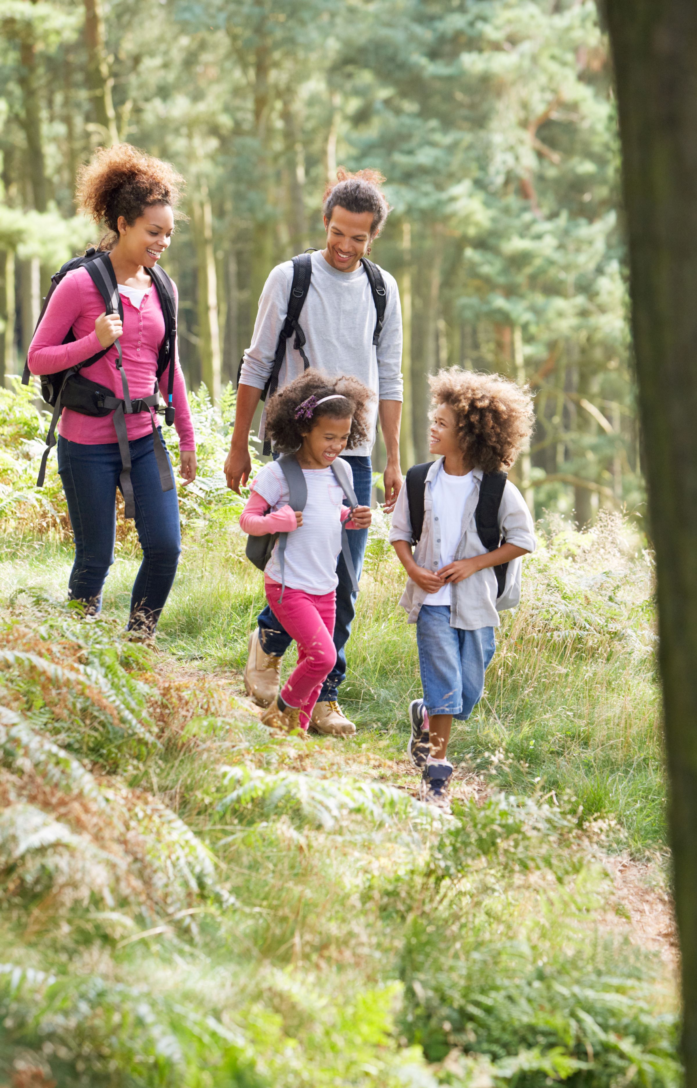 family of four hiking in the woods